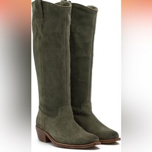 Low Stacked Heel Slouchy Knee High Western Boots Velvet Suede 1.5" Chunky Heels